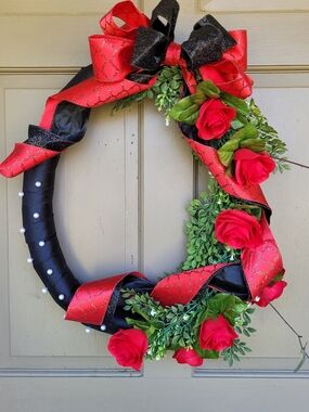 Decorative Red Rose and Black Ribbon Wreath - Elegant Door Accent New